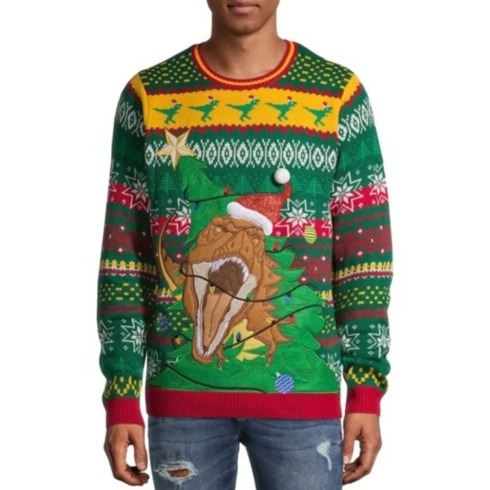Holiday Time Ugly Christmas Sweater Dinosaur T-Rex Men's 2X (50-52) Embroidered